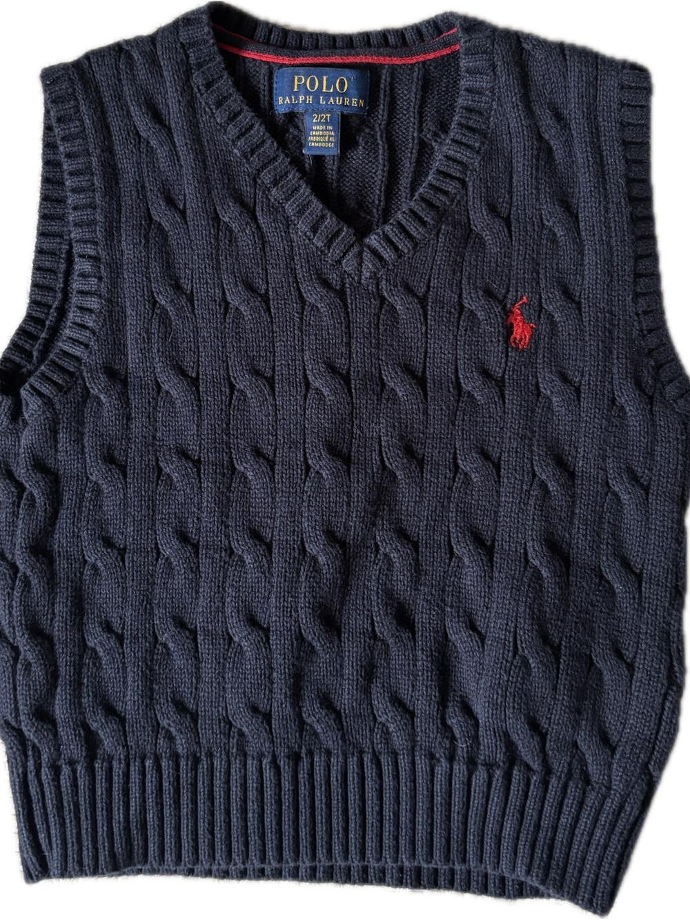 Polo by Ralph Lauren Navy Cable-Knit V-Neck Sweater Vest with Red Pony